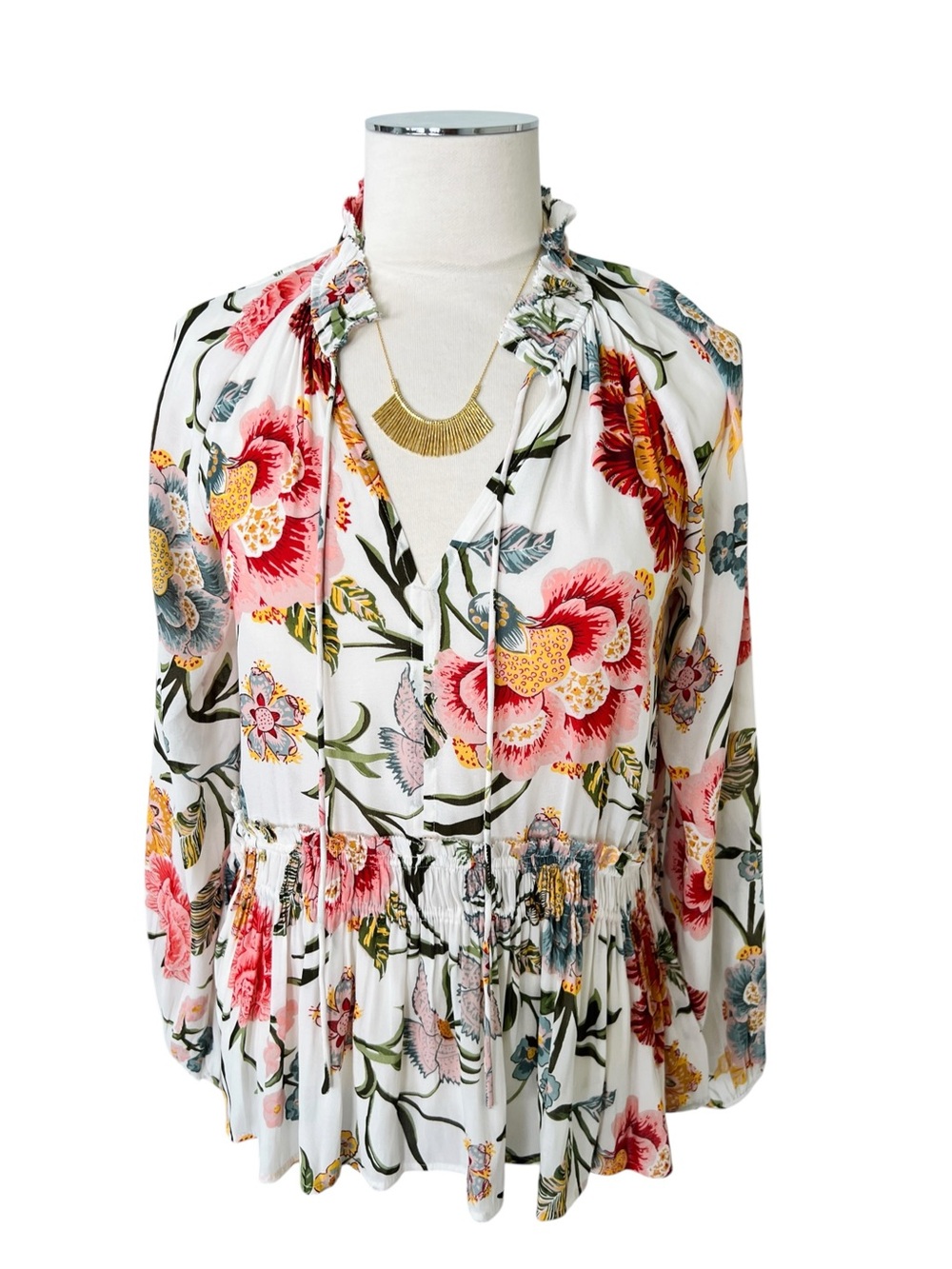 LOFT Floral Off-White Ruffled Neckline & Hem Blouse Sz S Multicolor